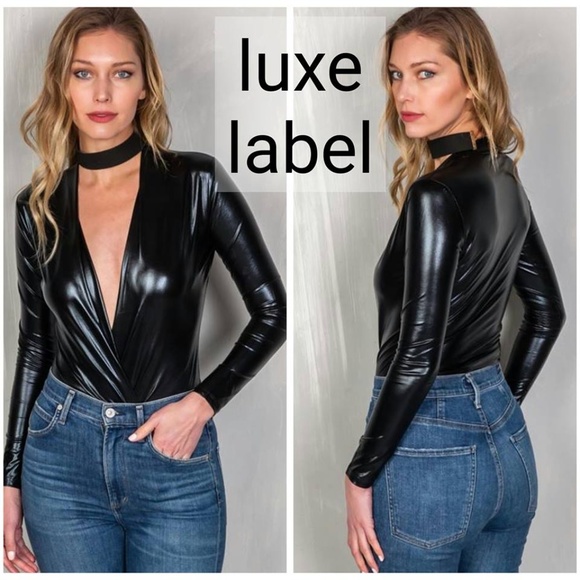 Luxe Label Tops - SHINY BLACK METALLIC PLUNGE BODYSUIT